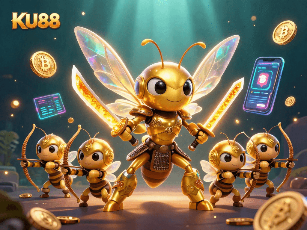 Play to win at KU88 with vibrant casino-themed 3D illustration depicting samurai hornets and crypto elements.