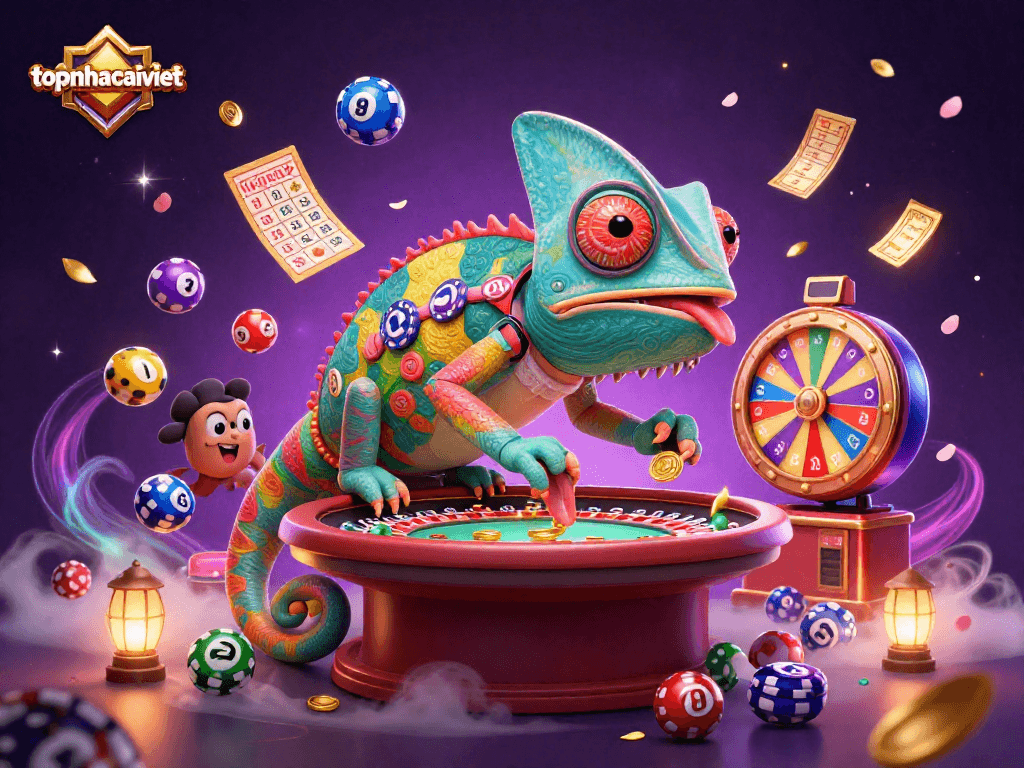 Engage with topnhacaiviet as the chameleon casino owner interacts with vibrant lottery elements and casino games.