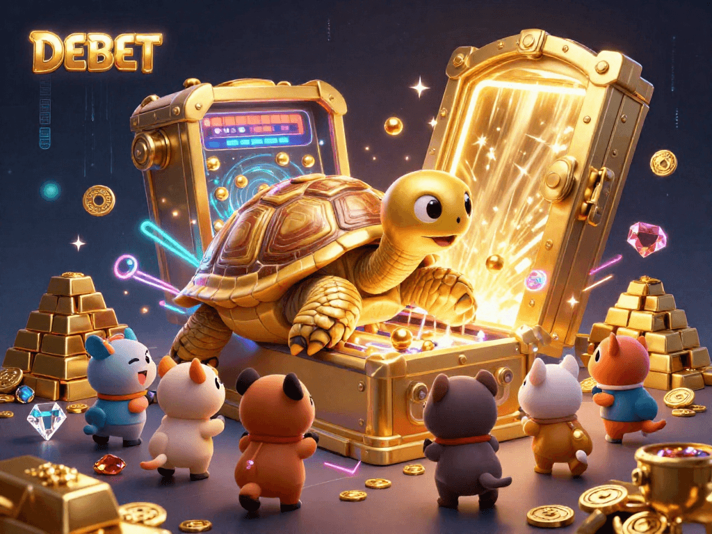 Engage with DEBET's thrilling 3D casino illustration featuring a colossal tortoise pinball machine.