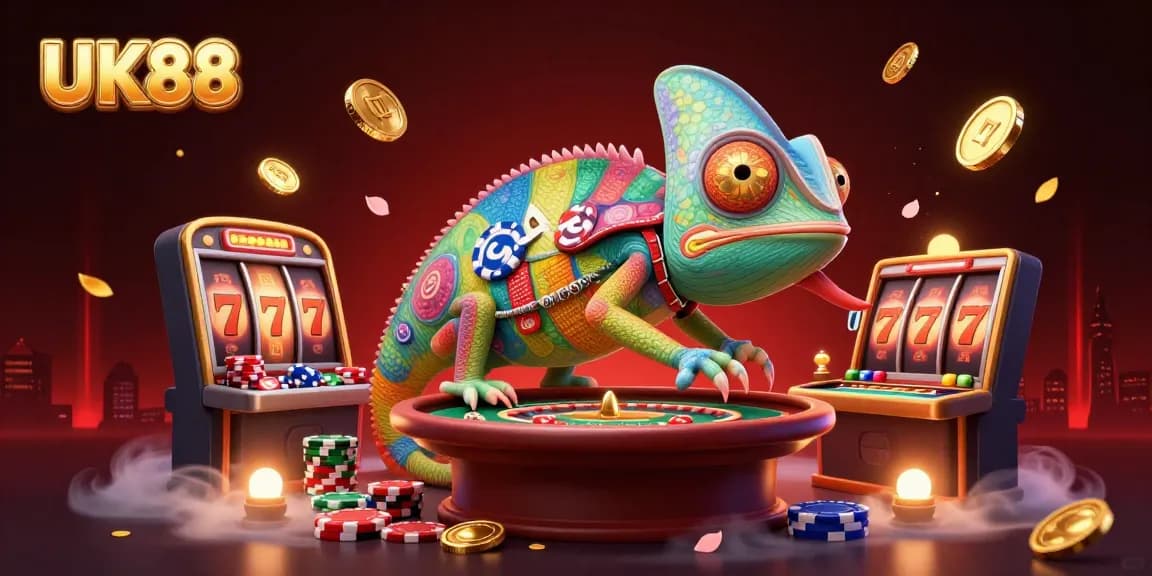 Win big at UK88 with an exciting casino scene featuring vibrant characters and energizing gaming elements.