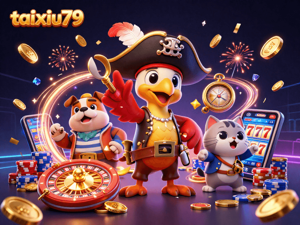Place bets at taixiu79 while enjoying a vibrant casino scene with animated characters.