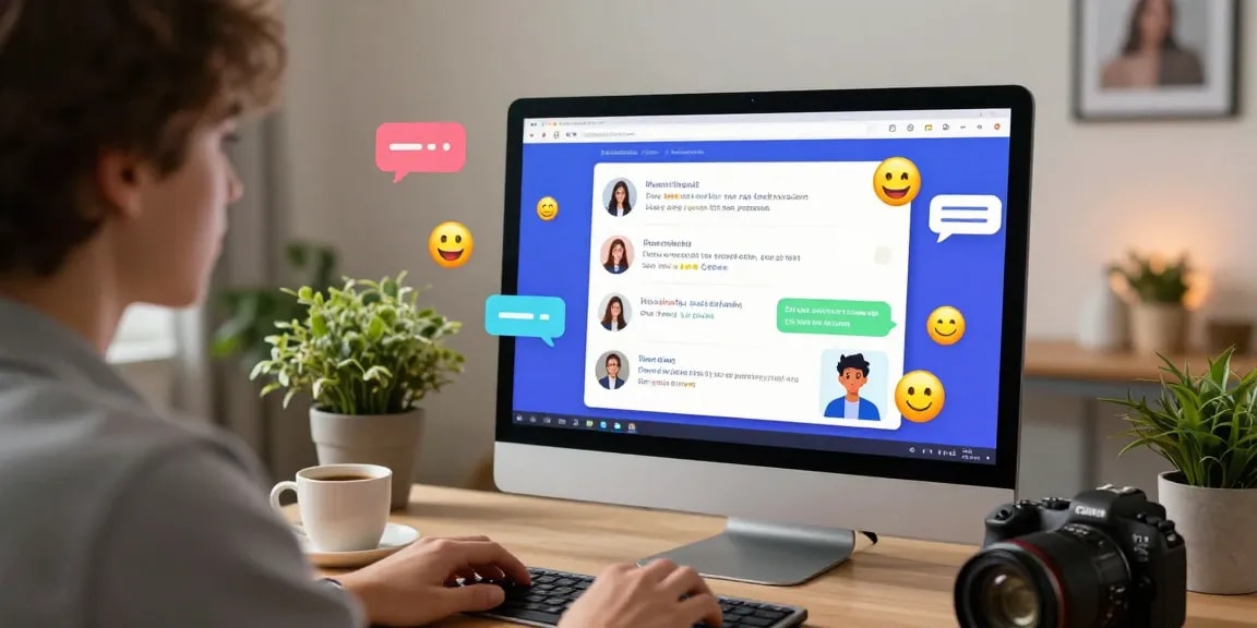 Interactive spicychat session in a cozy home office, showcasing vibrant AI chatbots and user engagement.