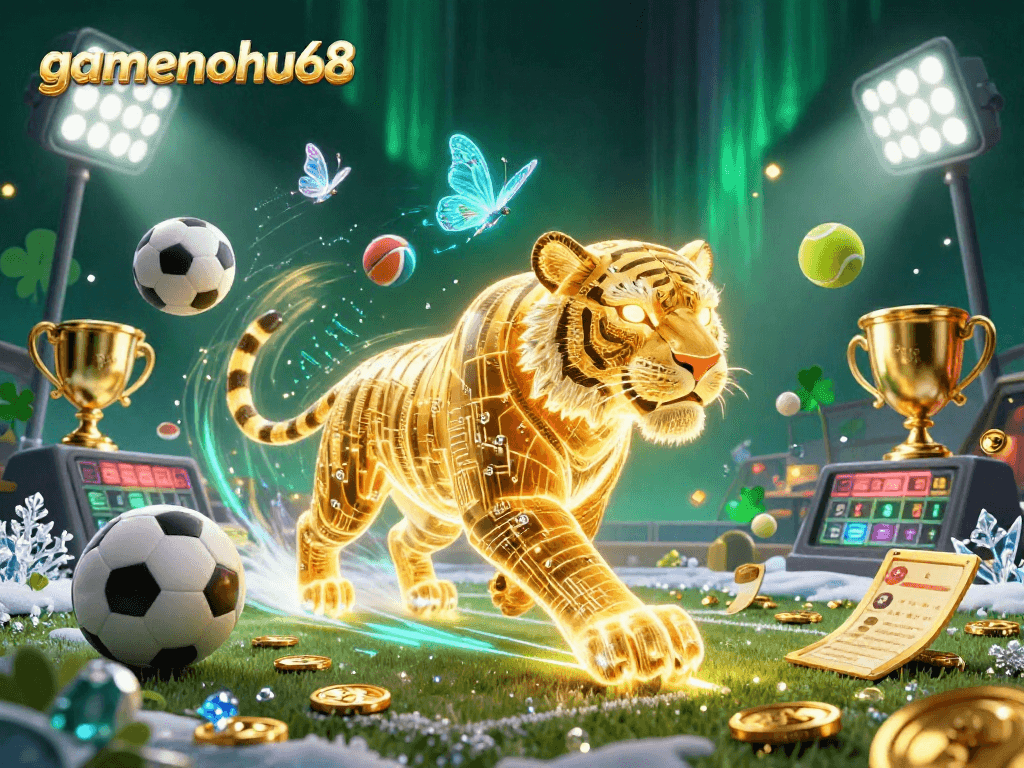Engage with gamenohu68 and win big in this dynamic digital sports betting illustration featuring vibrant casino elements.