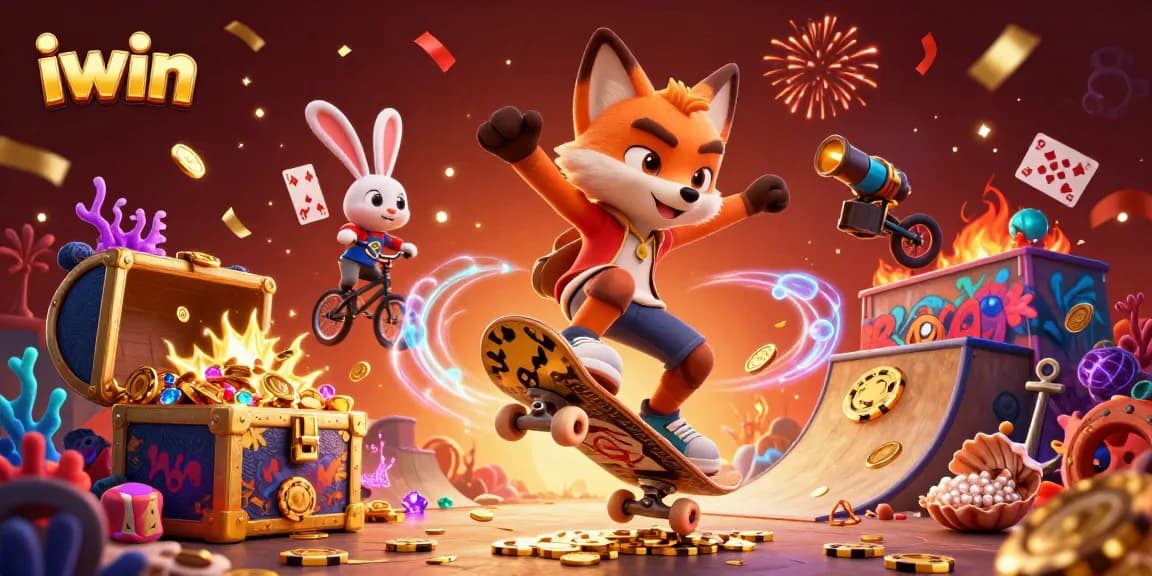 Experience iwin with an energetic casino-themed 3D illustration featuring a skateboarding fox
