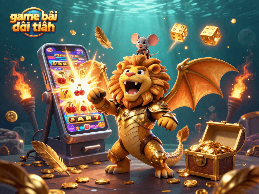 Engage in thrilling game bài đổi thưởng with a vibrant 3D scene featuring a roaring chimera and jackpot excitement.