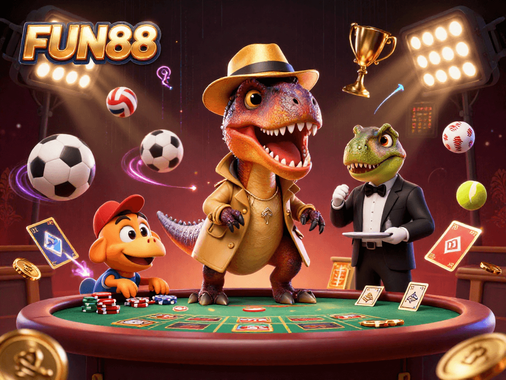 Experience FUN88's rich casino energy with a velociraptor card counter at a blackjack table.