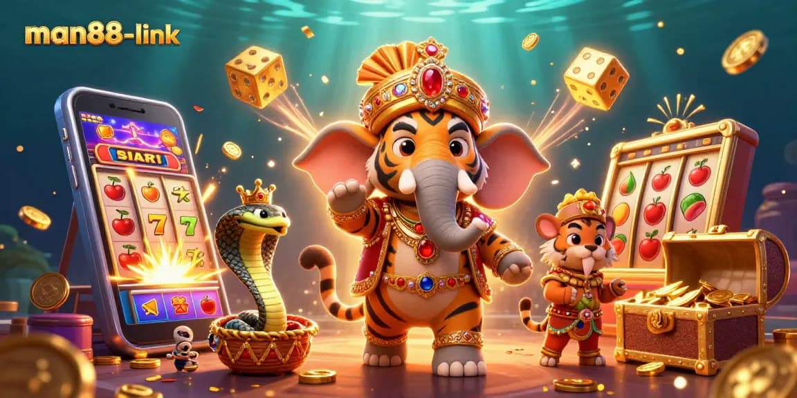 Engage with man88-link's casino excitement featuring a vibrant 3D scene with a jackpot explosion.