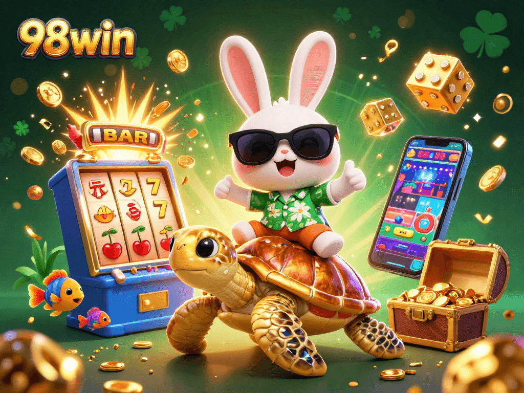 Engage with 98win's vibrant casino scene featuring a lucky rabbit and golden turtle amidst wins.