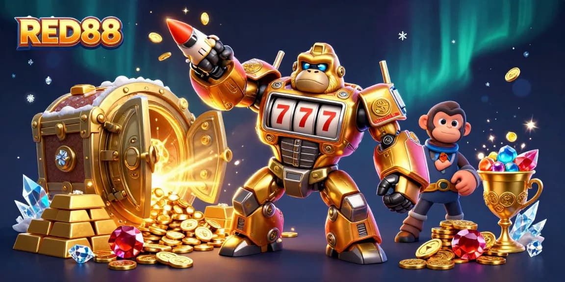 Experience big wins with RED88 featuring dynamic golden gorilla mech and winning symbols exploding around