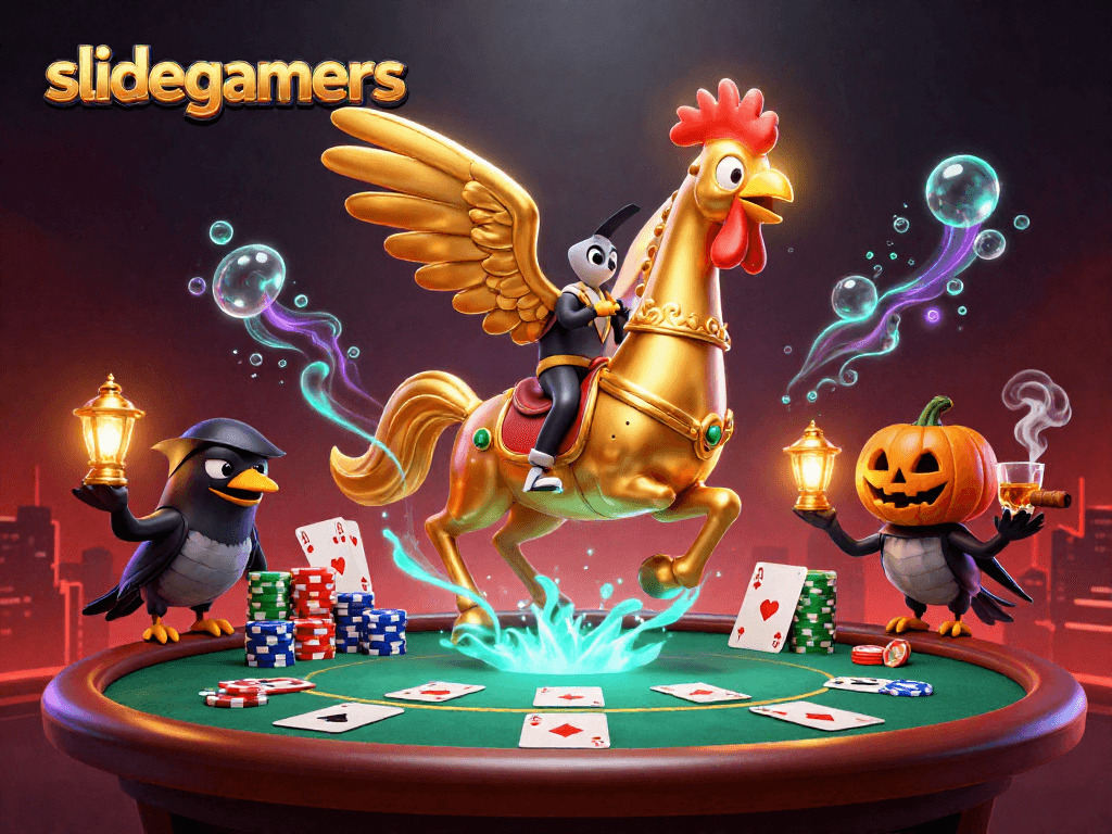Experience thrilling action with slidegamers in this vibrant casino scene featuring distinct poker elements.