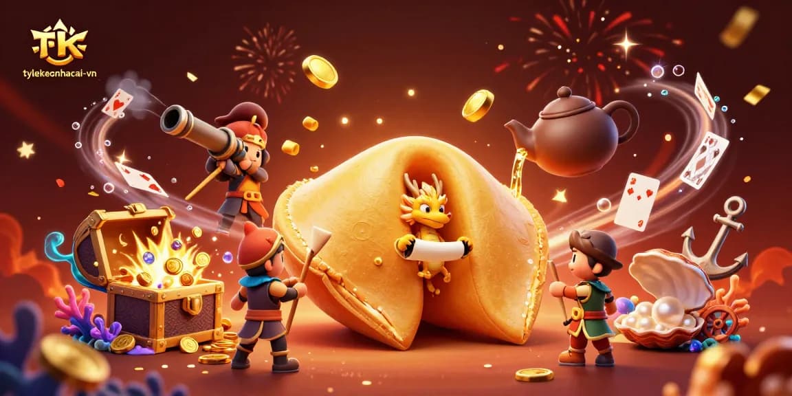 Engage with tylekeonhacai-vn's visual spectacle featuring a fortune cookie and dragon amidst a casino-themed treasure hunt.