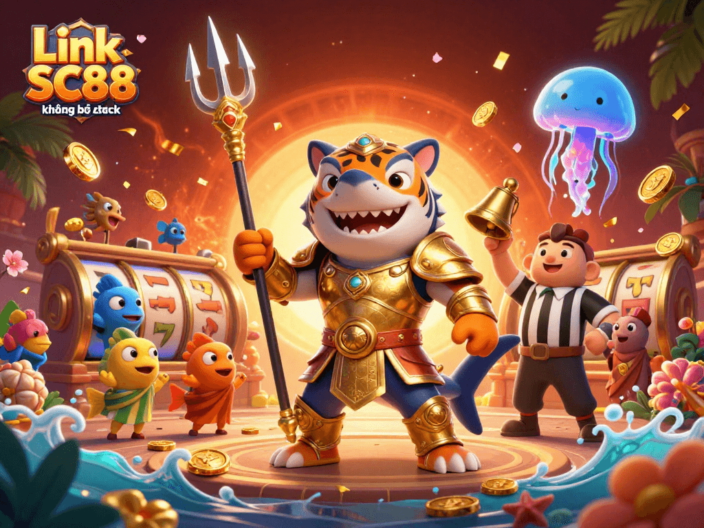Play big at Link SC88 không bị chặn in a vibrant underwater casino scene featuring a tiger shark!