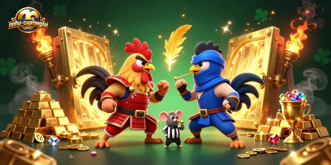 Watch as nohu-cupthegioi roosters battle amidst a treasure-filled arena in a thrilling standoff.