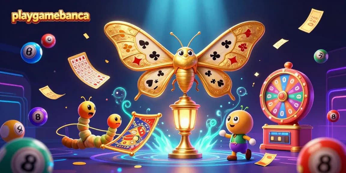 Engage with playgamebanca's thrilling gaming world, featuring vibrant casino elements in a 3D illustration.