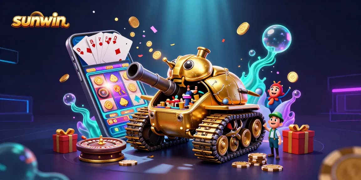 Experience excitement with sunwin: A 3D illustration of a golden beetle tank revealing a vibrant casino inside.