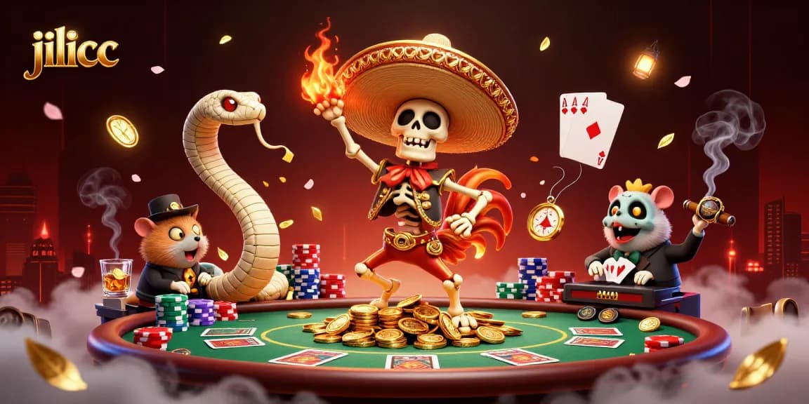 Experience jilicc with a vibrant 3D scene showcasing a mariachi rooster, a mummy snake, and a DJ hamster, celebrating with poker elements.