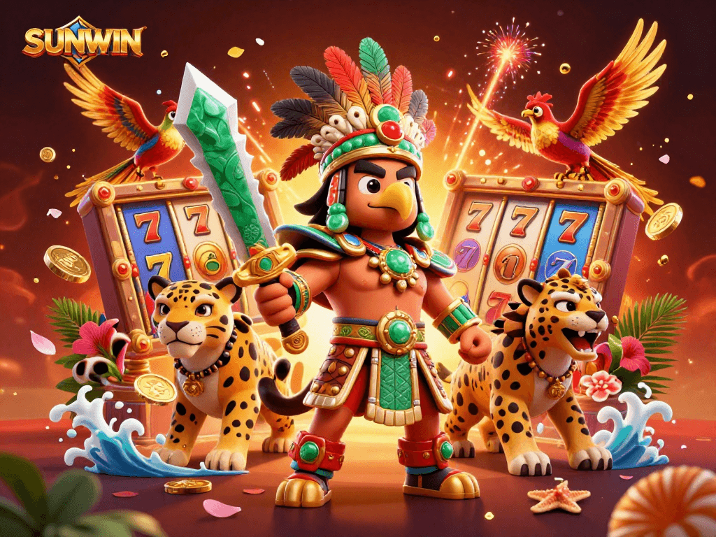 SUNWIN players experience exciting slot games with a vibrant Aztec warrior theme, capturing thrilling casino moments.