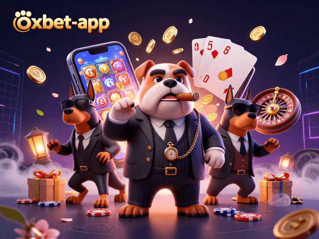 Join the excitement at oxbet-app featuring a mafia bulldog in action surrounded by casino games and winning symbols.