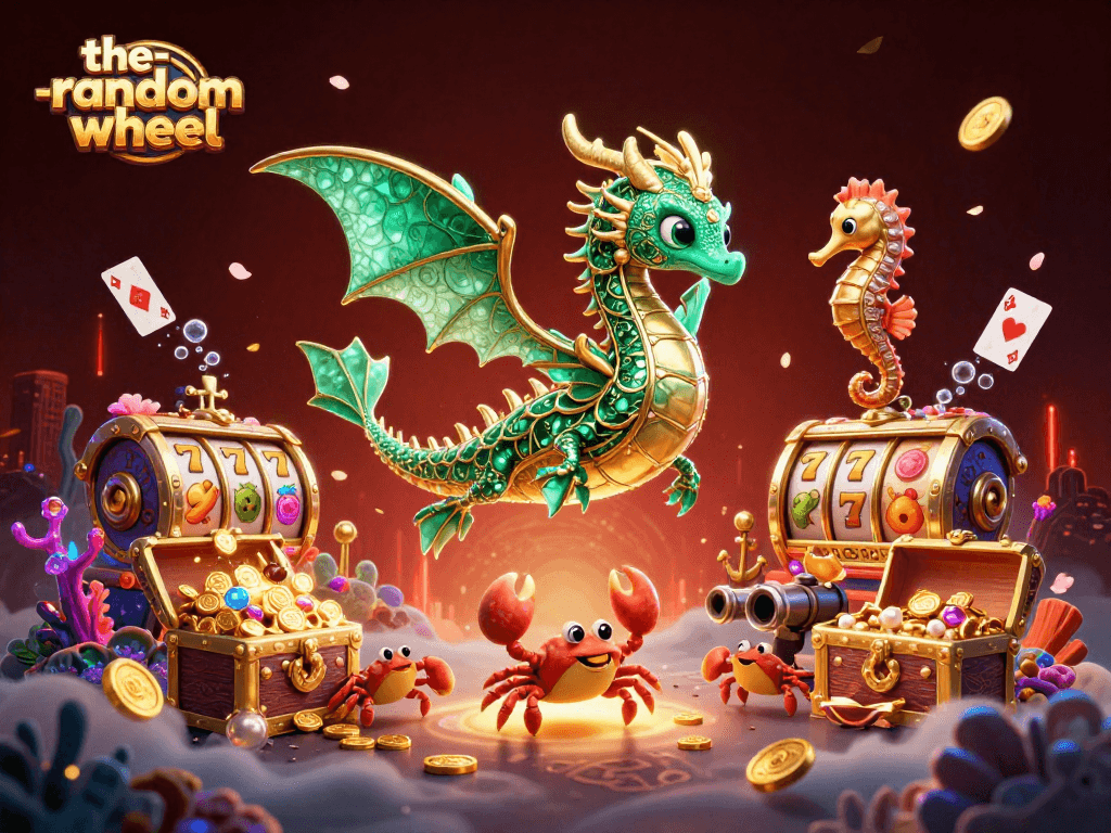 Spin the random wheel for exciting rewards as a treasure chest bursts with coins and gems.