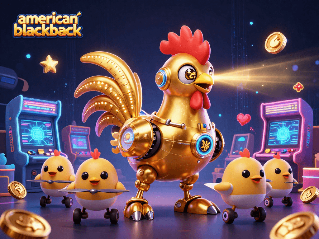Experience thrilling american-blackjack action with a futuristic rooster robot and baby chick drones.