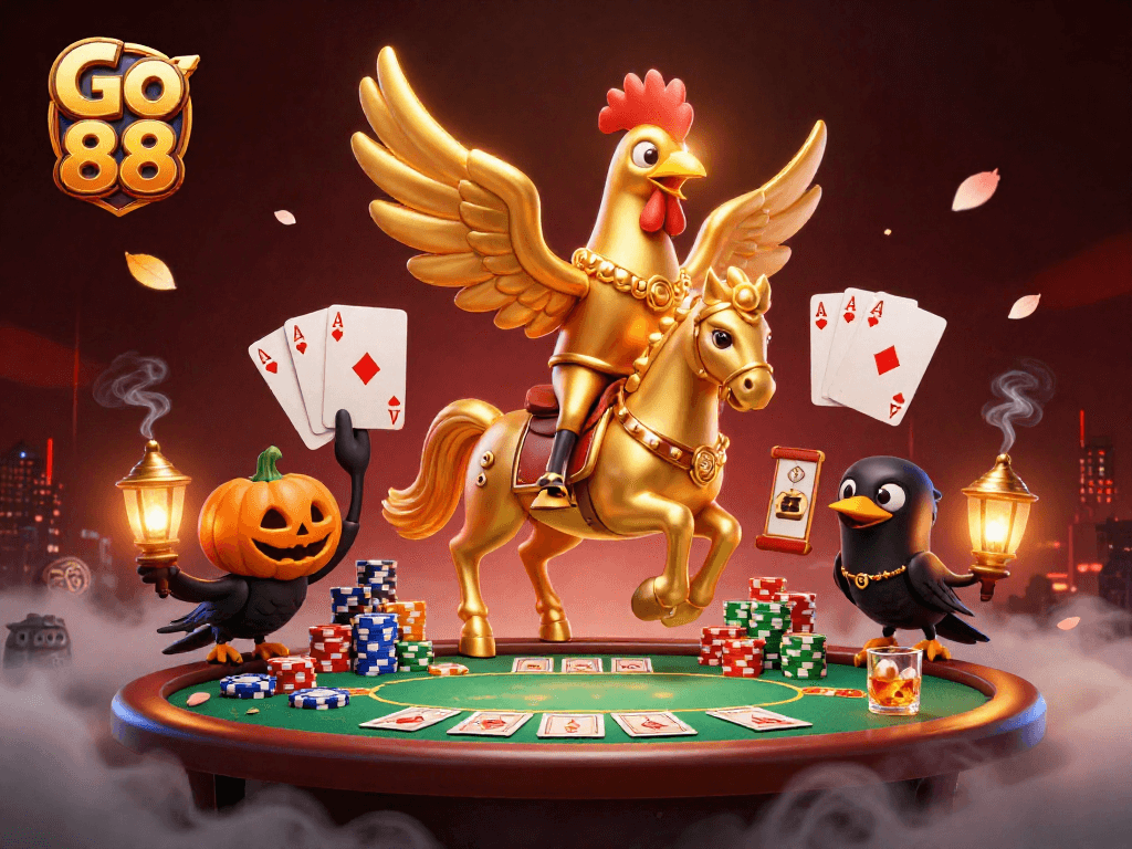 Go 88 showcases a dynamic casino scene with a golden rooster and poker elements that captivate players.