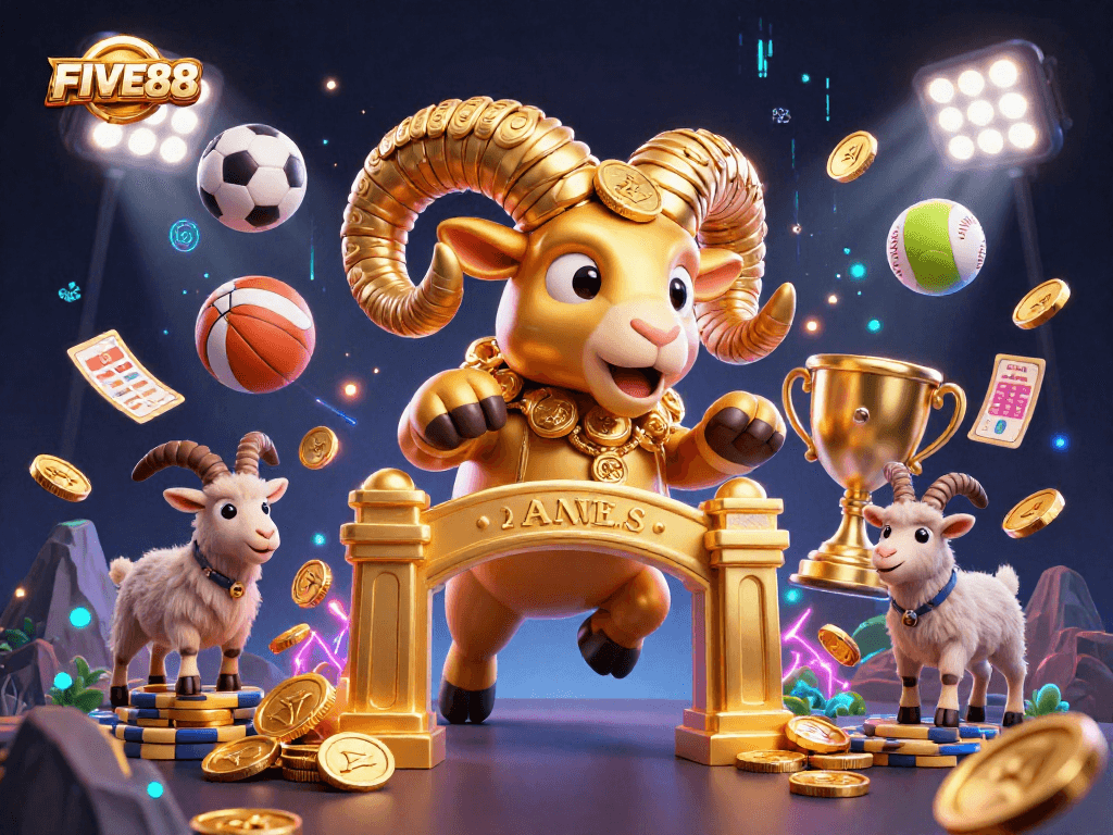 Experience dynamic betting action with FIVE88 featuring a golden ram charging through a betting scene.