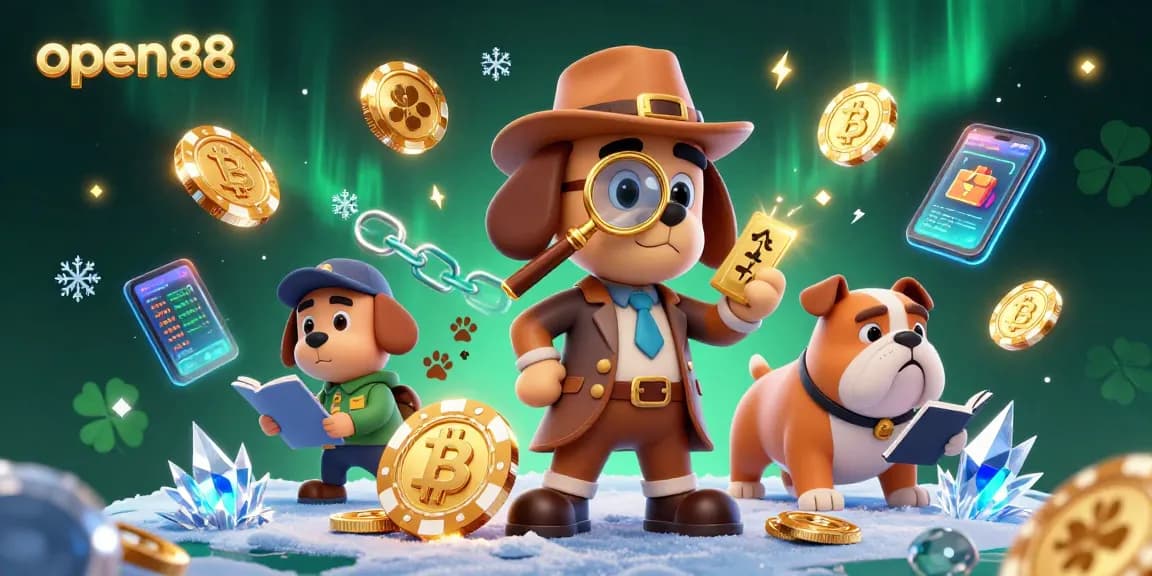Play and win at open88 with treasure-hunting cartoon detective characters in a vibrant casino scene.