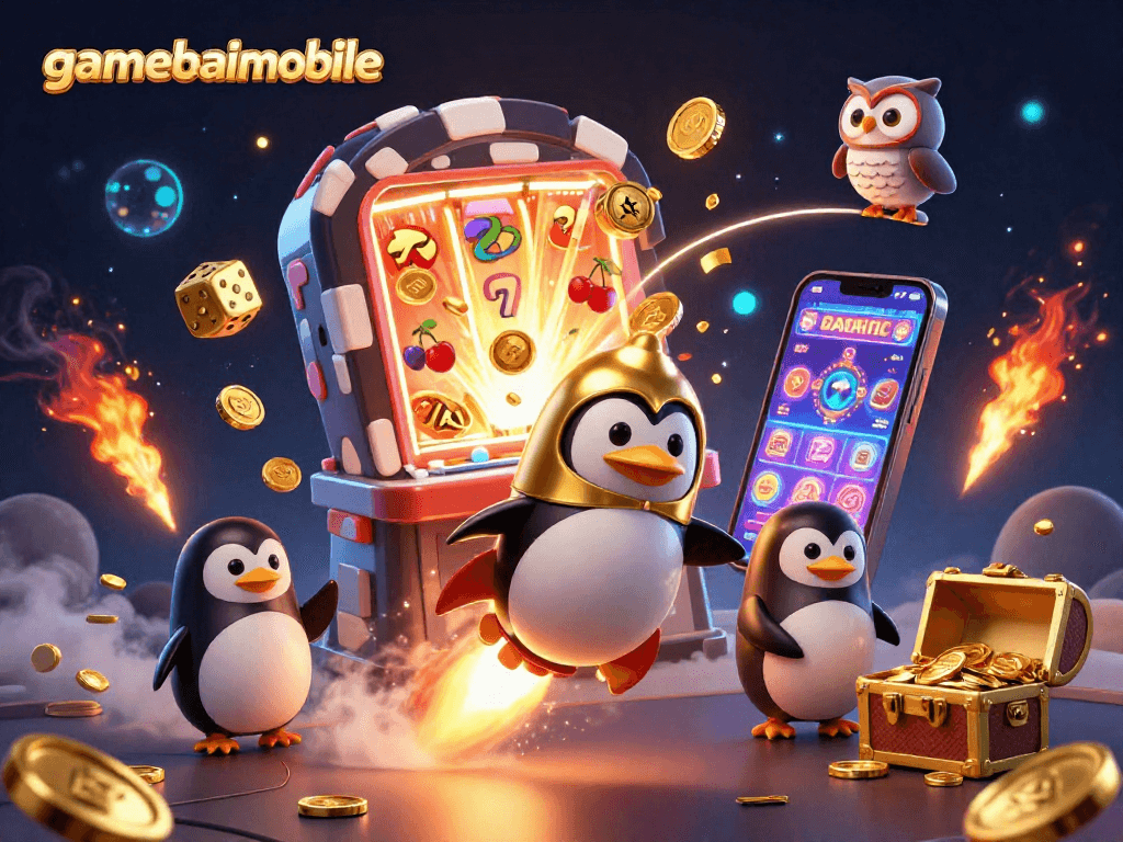 Experience gamebaimobile with a vibrant casino scene featuring a golden penguin, jackpots, and colorful games.