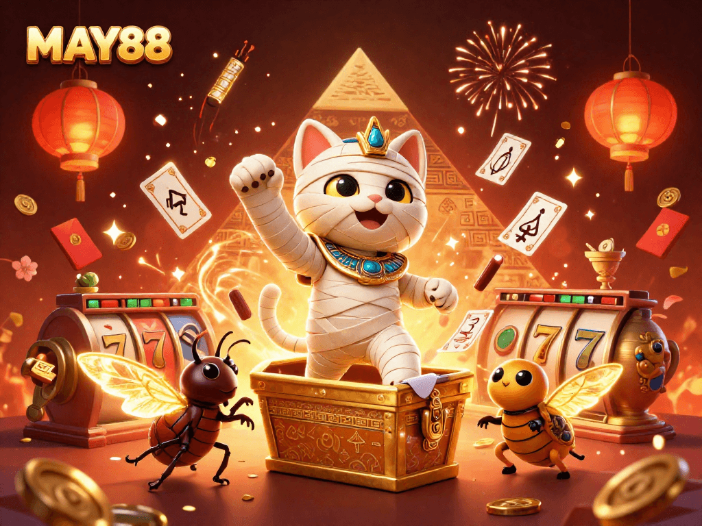 Experience winning strategies at MAY88 with a dynamic casino illustration capturing excitement and fortune.