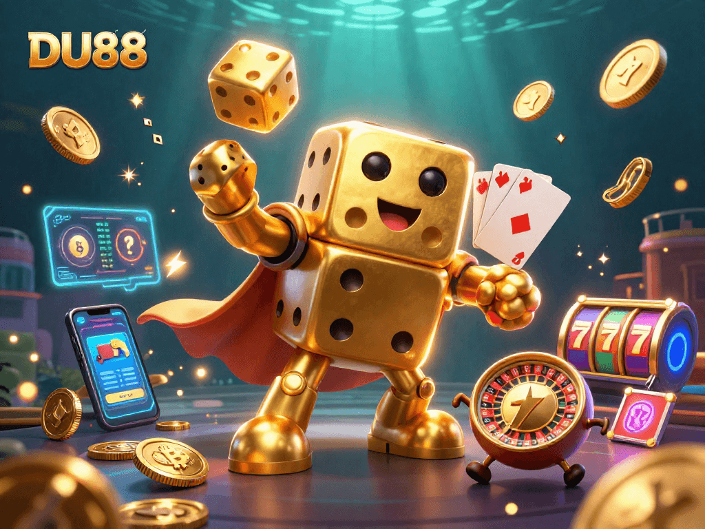 Engage with DU88's vibrant casino scene featuring a dice golem and neon cryptocurrencies.