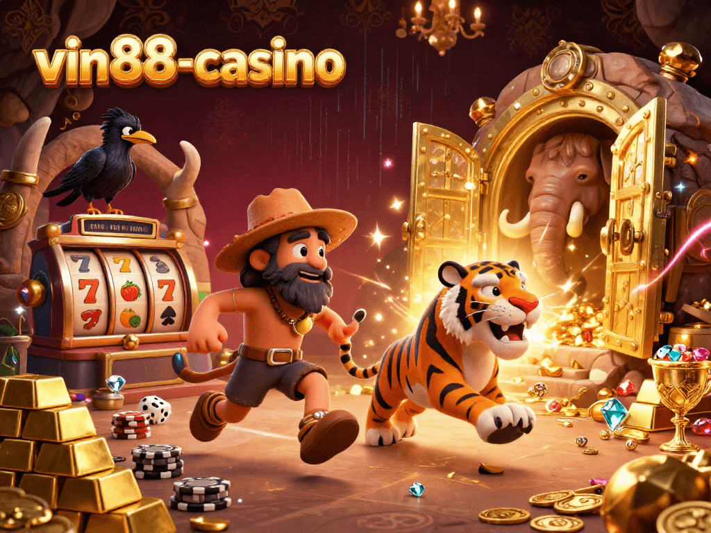 Experience the excitement of vin88-casino with a vibrant prehistoric casino scene featuring dynamic gambling elements.