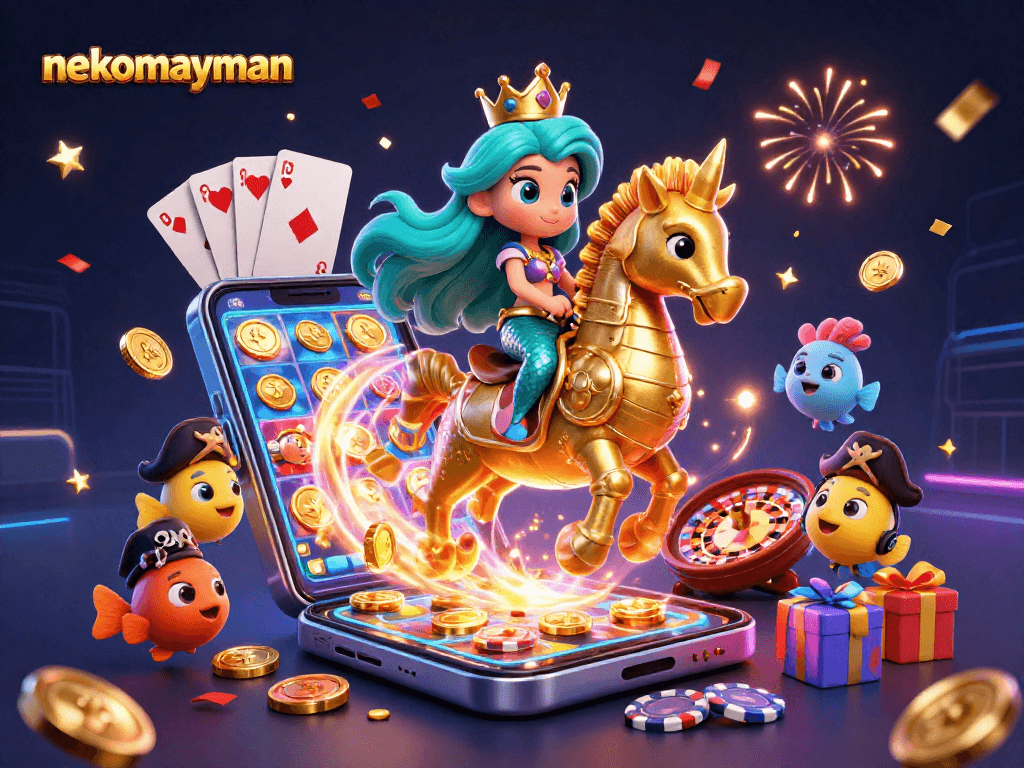 Neko mayman showcases a vibrant scene with a mermaid princess, seahorse, and colorful slot game elements, capturing the essence of online gambling.