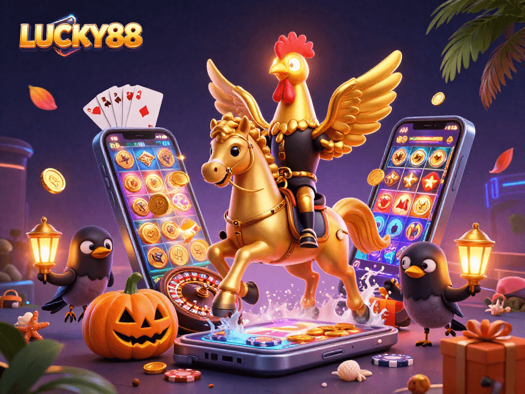 LUCKY88 captivates with a vibrant casino scene featuring dynamic slot games and charismatic characters.