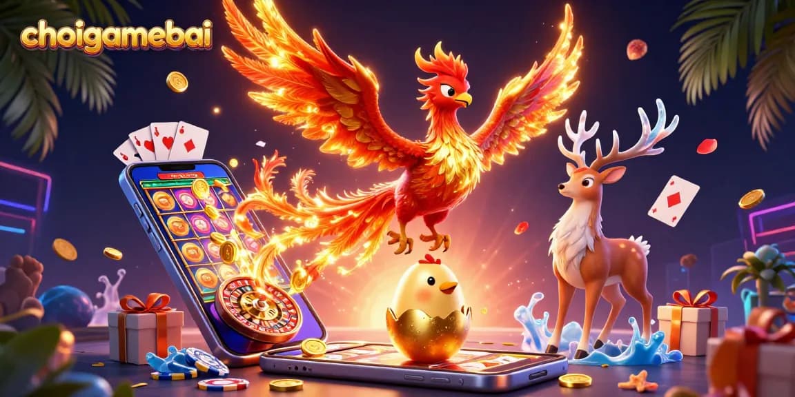 Win big at choigamebai with a thrilling 3D scene featuring a phoenix and engaging casino elements.