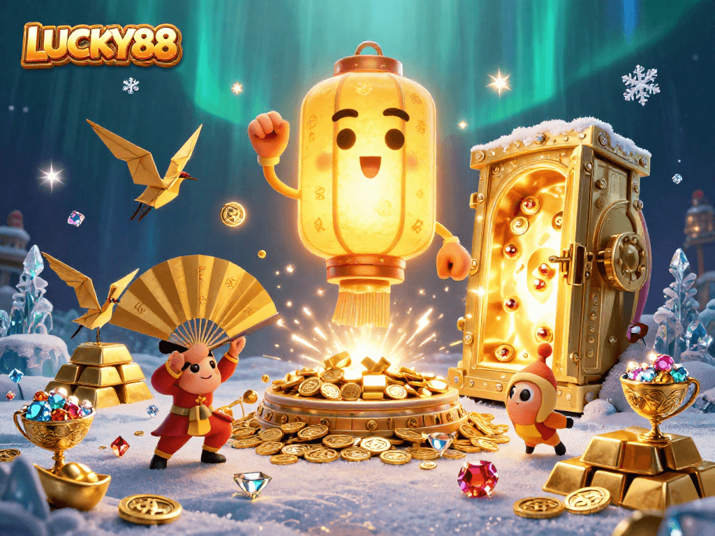 Experience the luck of LUCKY88 with vibrant casino visuals showcasing golden treasures and spirits.