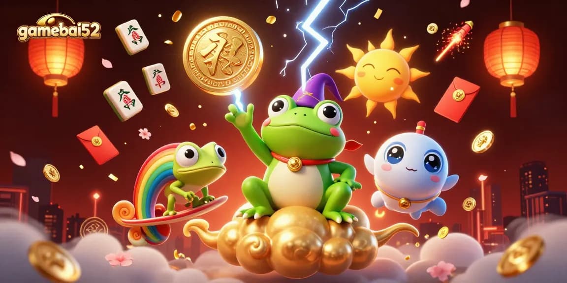Experience the thrill of gamebai52 with a vibrant illustration of magical casino elements.