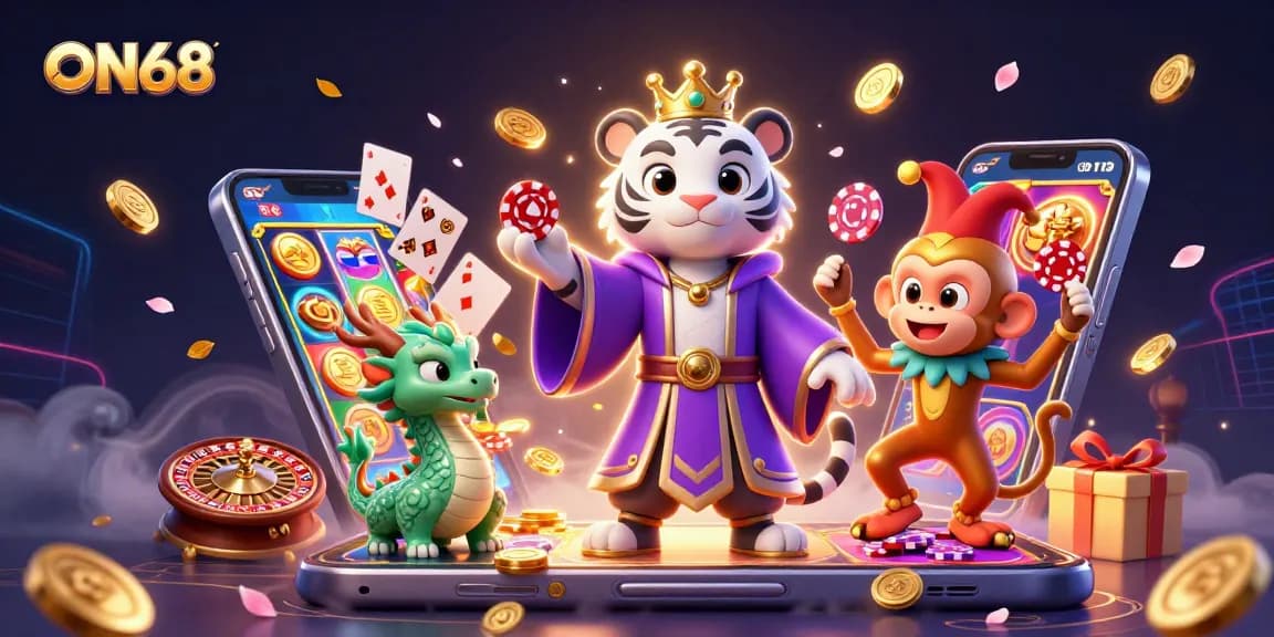 Win big at ON68 with thrilling 3D casino illustration of a tiger, monkey, and jade dragon surrounded by games.