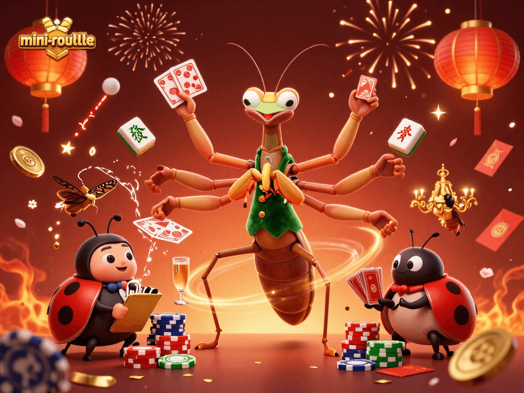 Experience the thrill of mini-roulette with a dynamic card sharp and pit boss in a festive casino scene.