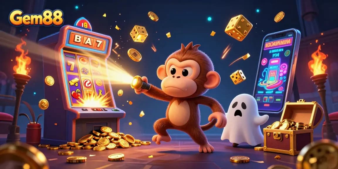 Experience Gem88's thrilling casino adventure with a playful monkey and ghost-hunter puppy!