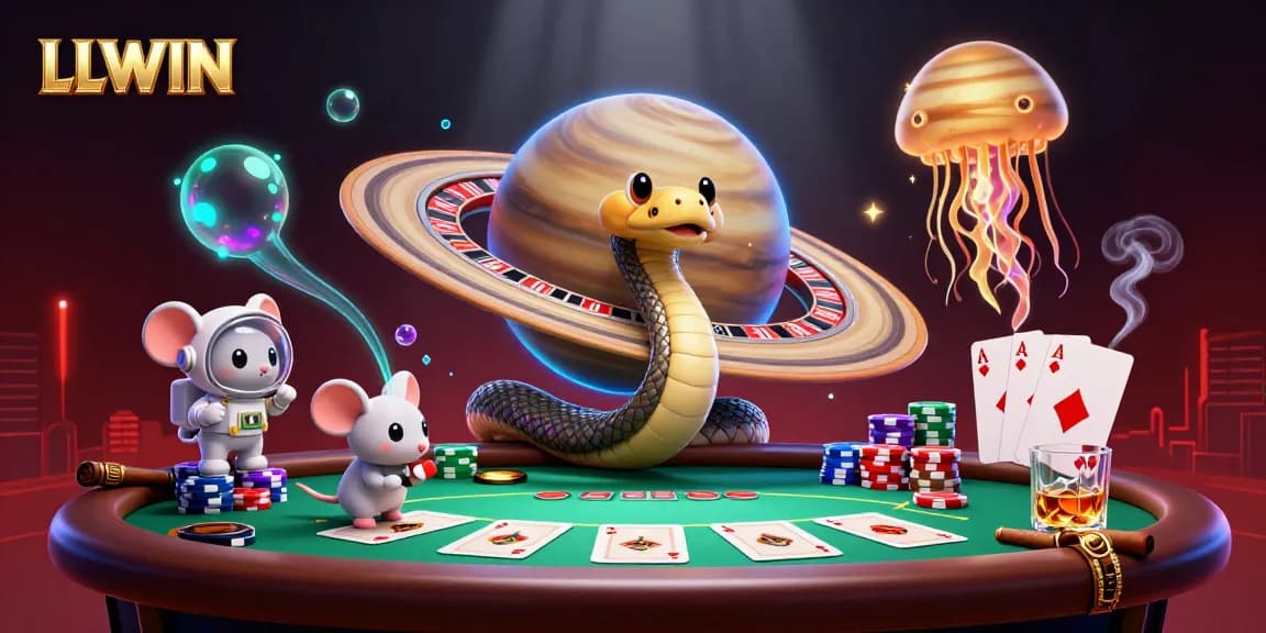 LLWIN gaming scene with astronaut mice betting and a cosmic dealer in a vibrant casino setting