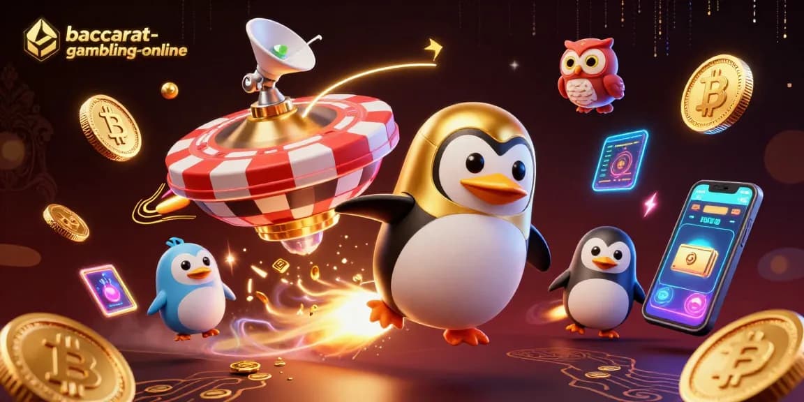 Experience baccarat-gambling-online with excitement as the golden penguin navigates a casino in space.