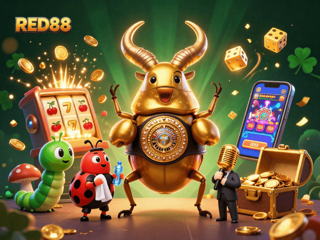 Experience the excitement of RED88 with a dynamic casino battle scene featuring cartoon characters and slot machines.
