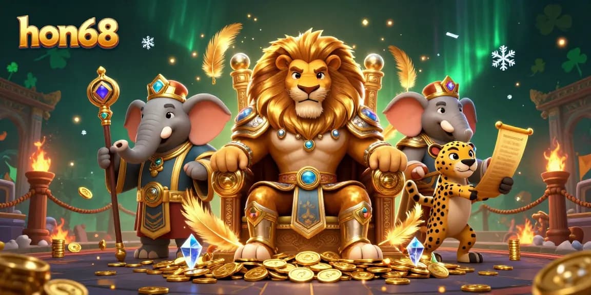 Experience thrilling gaming excitement at hon68 with fierce lion king, vibrant casino elements, and dynamic action.