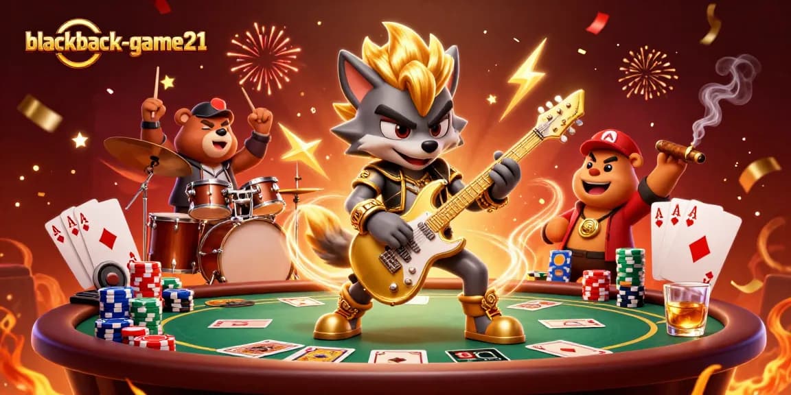 Experience the thrill of blackjack-game21 with a lively casino scene featuring a rock star wolf and drummer bear.