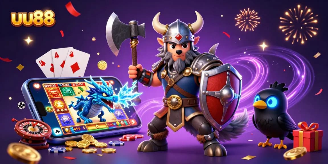 Experience thrilling games at uu88 with a Viking warrior, fierce dragon, and energetic casino elements.