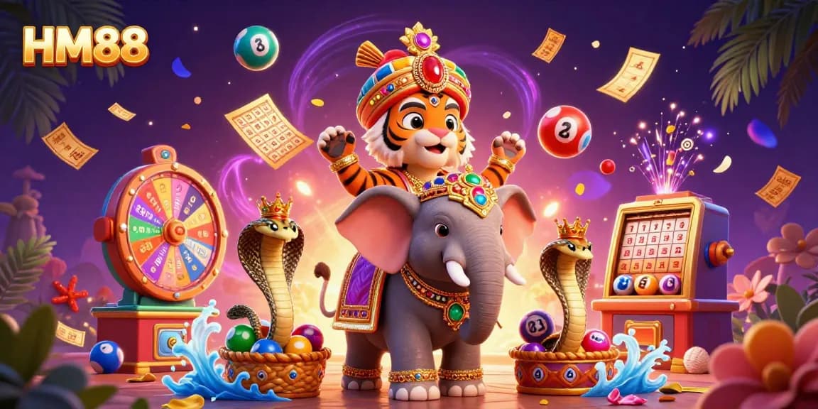 Experience thrilling gameplay at HM88 with a vibrant 3D illustration showcasing casino excitement and colorful lottery elements.
