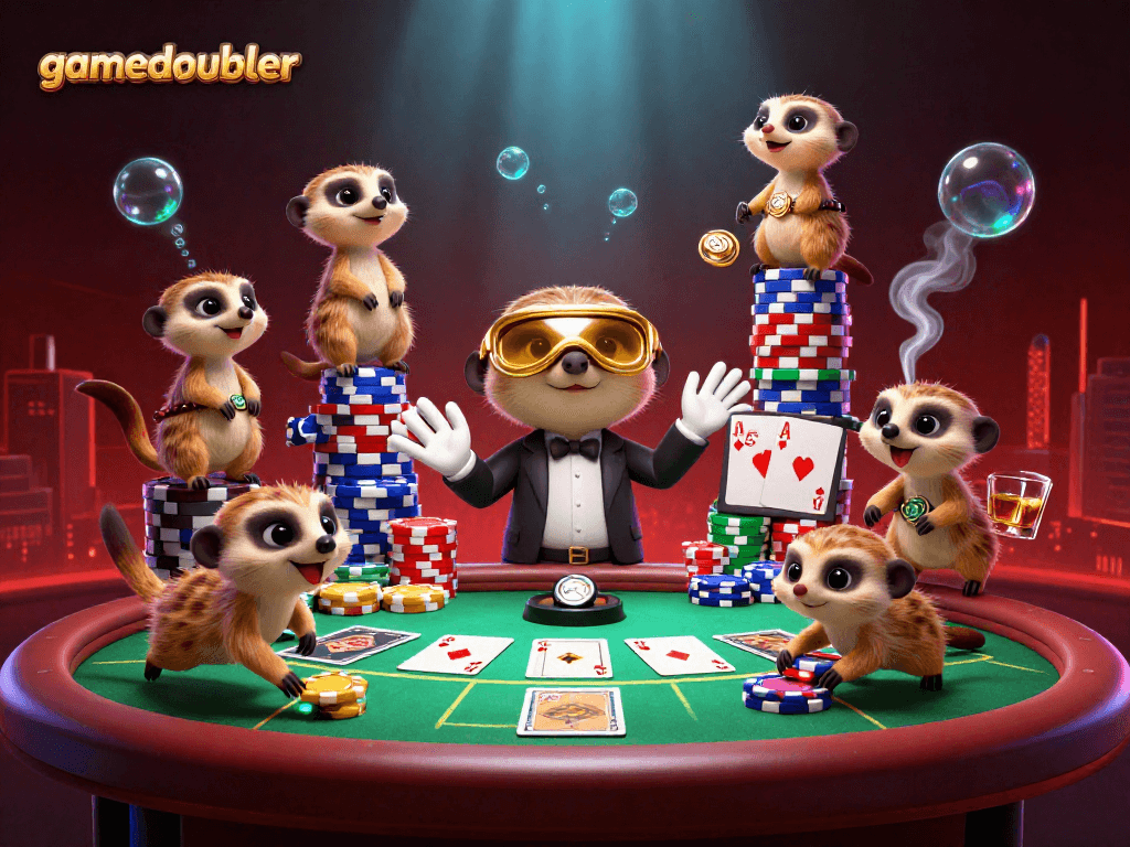 Engage in thrilling wins at gamedoubler with a dynamic meerkat casino scene featuring poker excitement.
