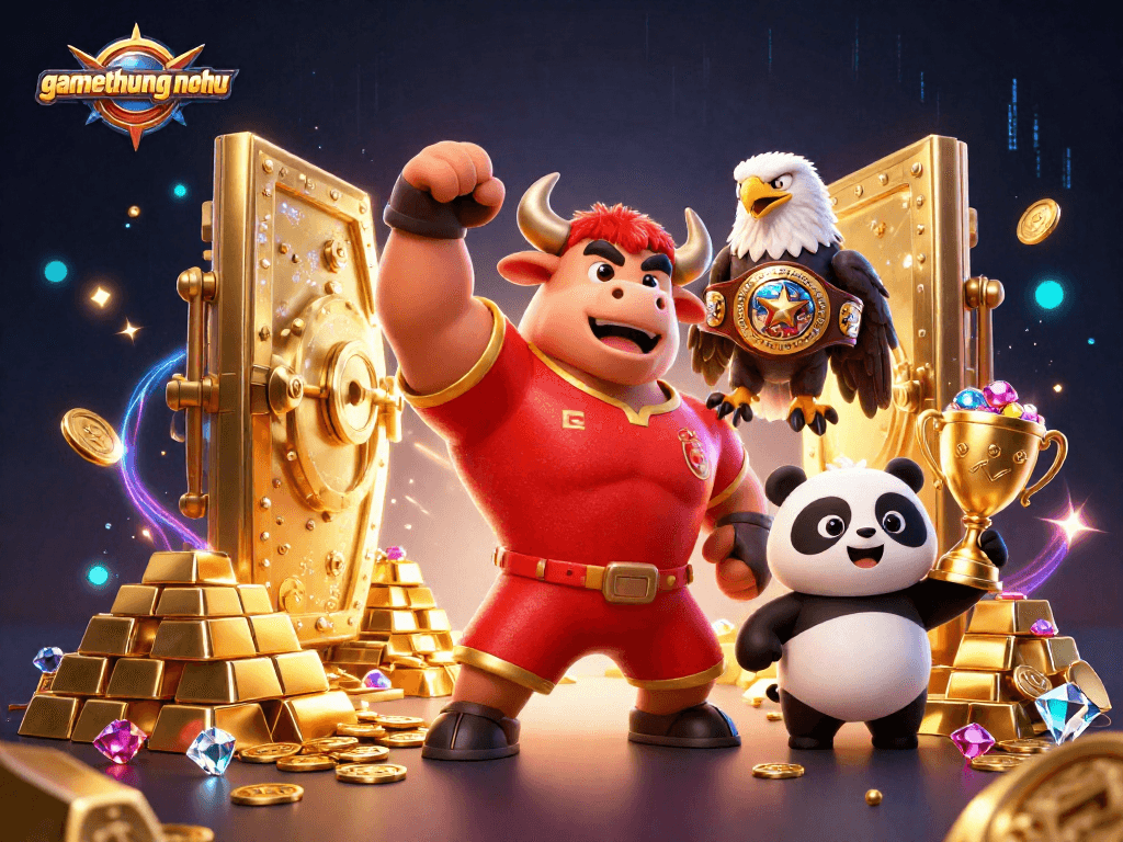 Experience thrilling wins with gamethuongnohu in this vibrant casino illustration showcasing victory and treasures.