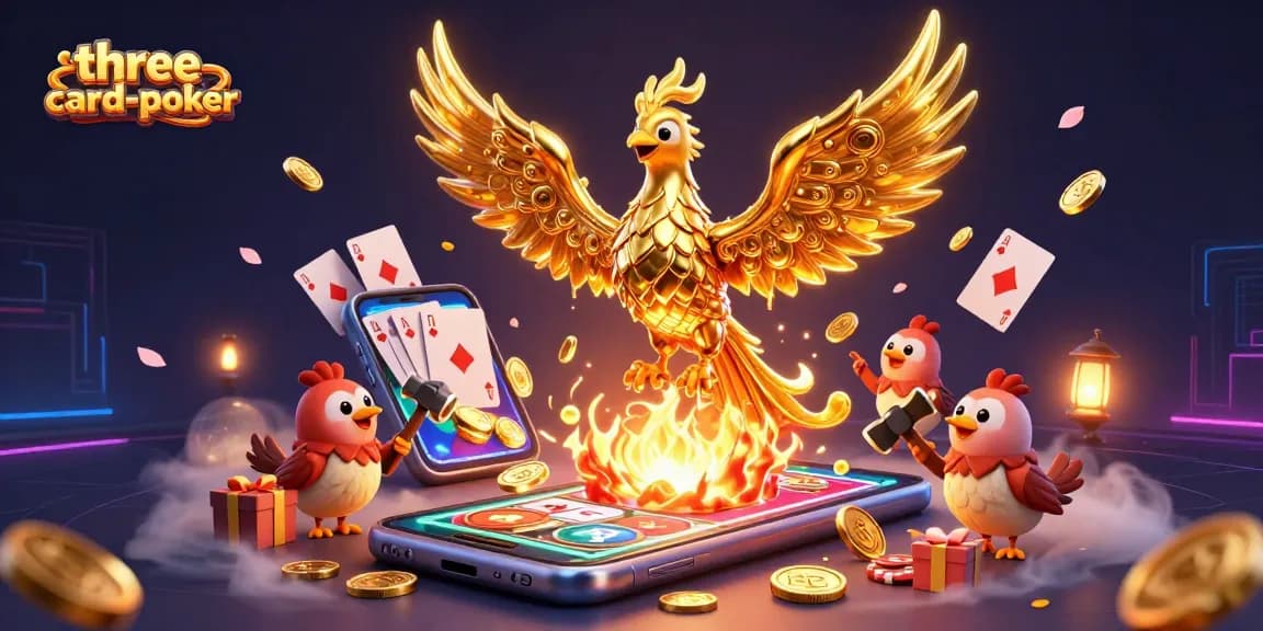 Experience three-card-poker action with gold coins spilling from a smartphone and dynamic play elements.
