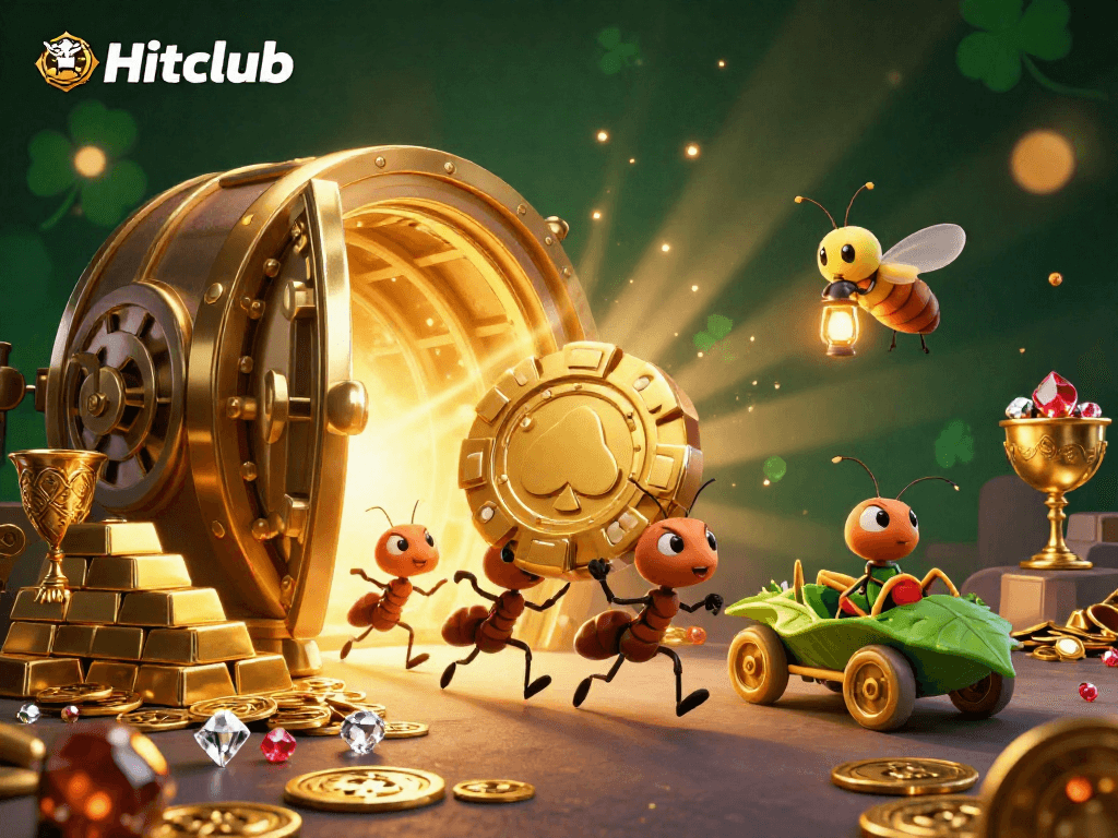Hitclub ants successfully execute a heist with golden poker chips in a vibrant casino illustration.